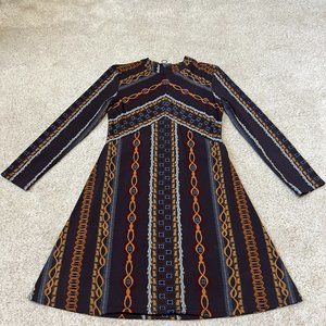 Free People Stella Dress Size XS Long Sleeve Knit Boho Brown Gold Printed
